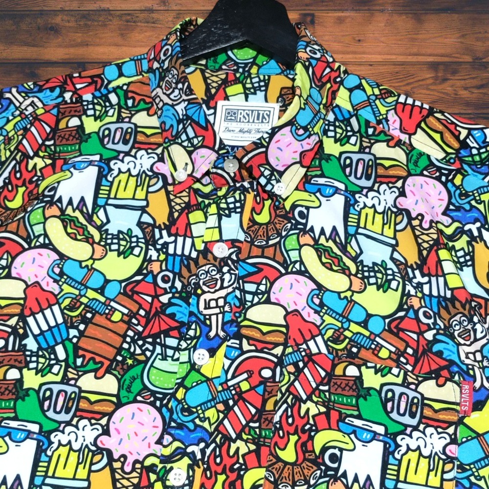 RSVLTS Darty in the USA America KUNUFLEX Short Sleeve Shirt Mens Size Large